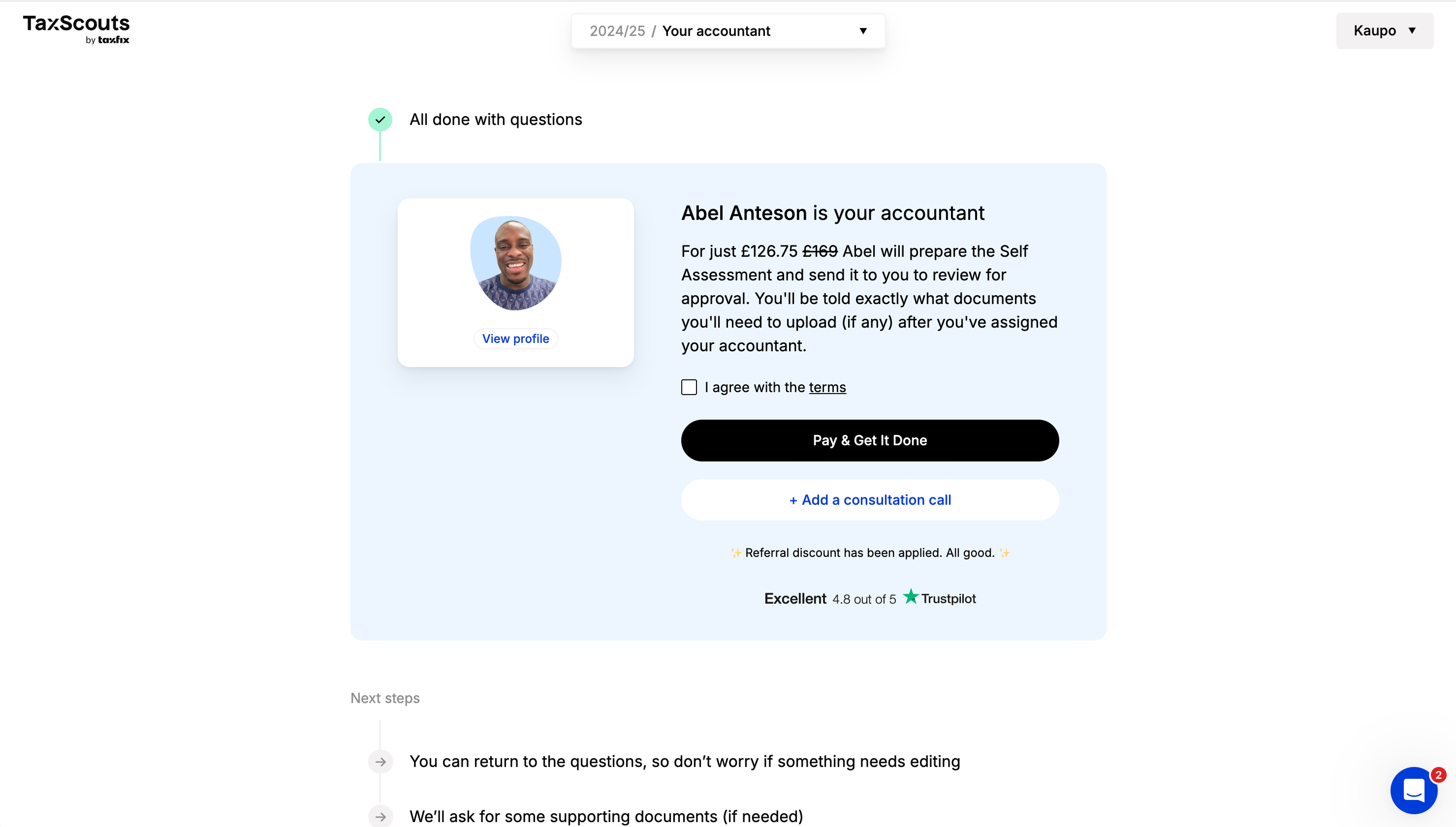 The accountant match in TaxScouts’ colours: the TaxScouts by Taxfix logo, a 2024/25 Your accountant selector, All done with questions ticked, a pale blue card with the accountant’s photo and View profile, the price £126.75 with £169 struck through, an I agree with the terms checkbox, a black Pay & Get It Done button, a white Add a consultation call button, a referral discount line and the Trustpilot 4.8 rating